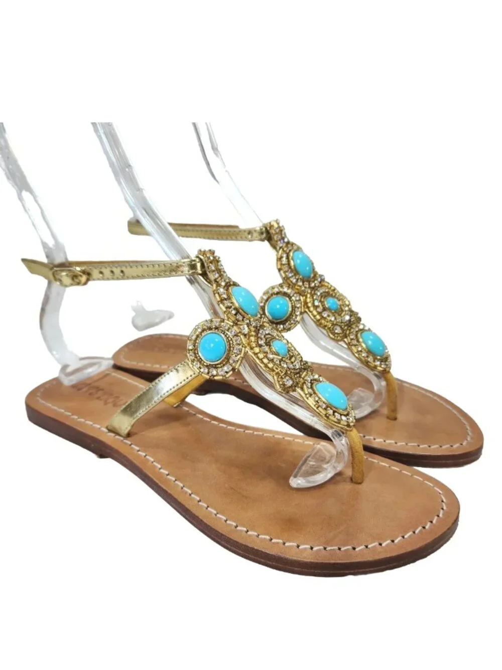 Mystique sandals faux turquoise size 6 gold leather jeweled